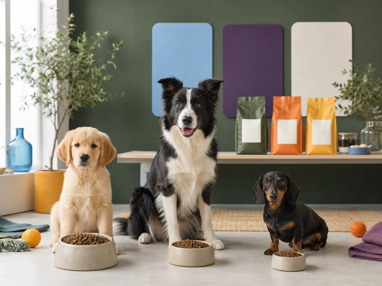 Representative puppy, adult and small-dog portfolio concept with scaled bowls and blank packaging