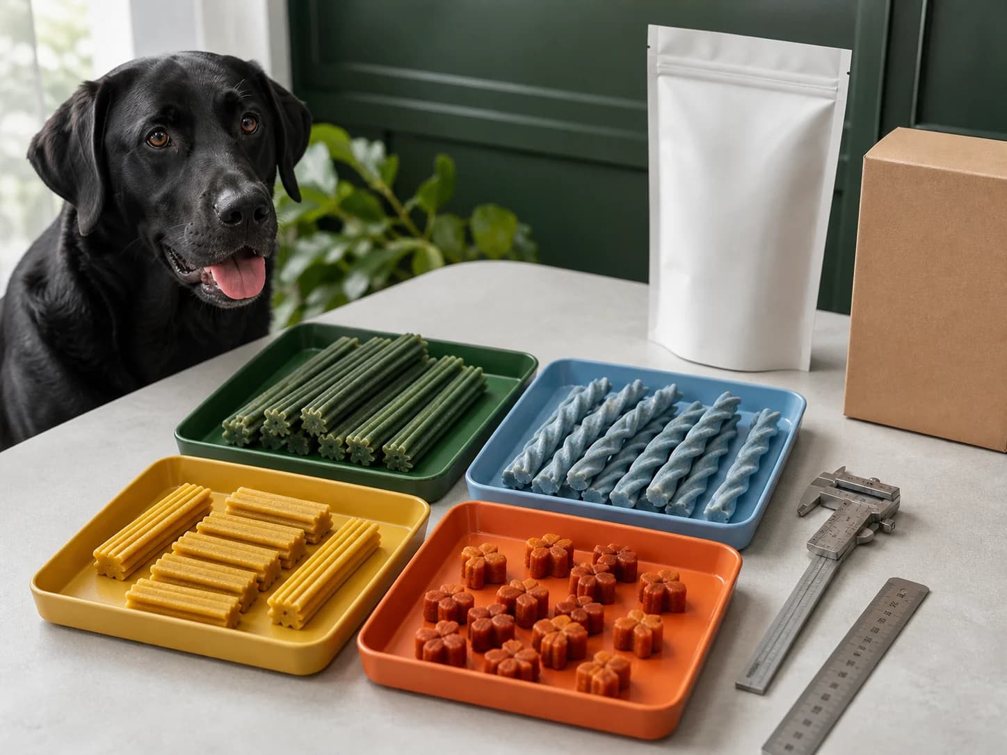 Representative dog chew development review with multiple geometries, size tools, blank packaging and an adult dog