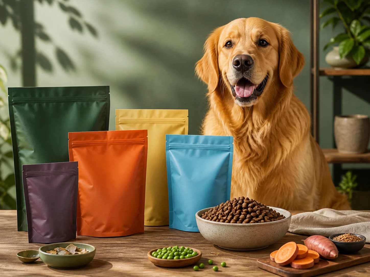 Representative private-label dog food concept with a golden retriever, kibble bowl and colorful blank pouches