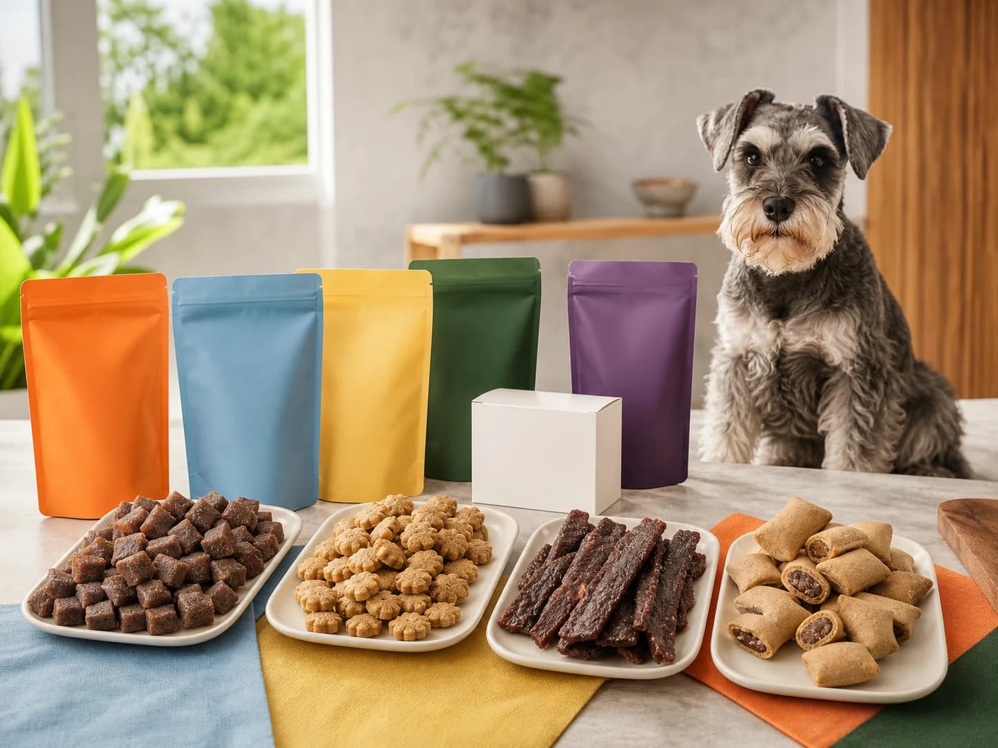 Representative private-label dog treats concept with training bites, biscuits, jerky and blank pouches