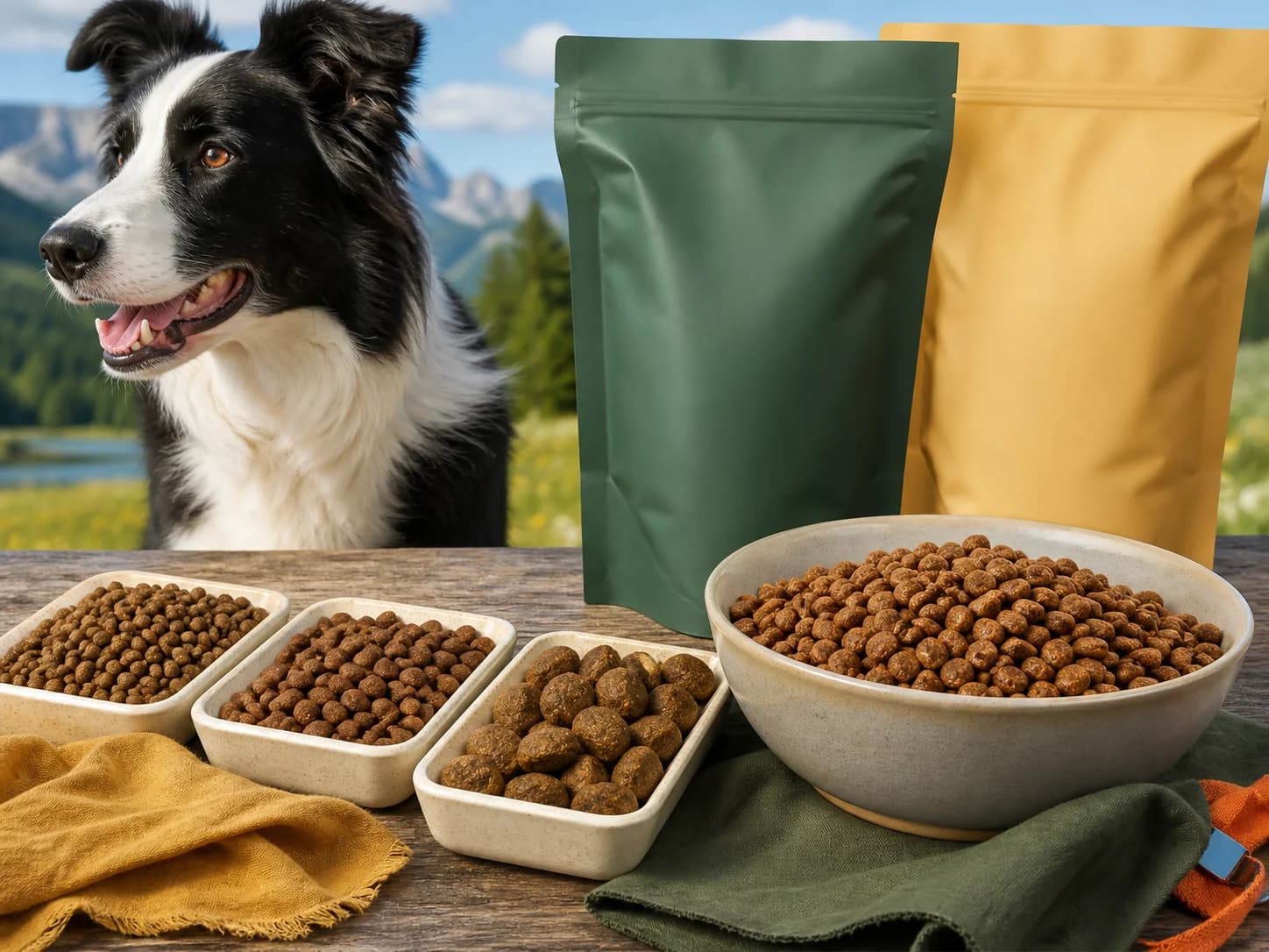 Representative private-label dry dog food concept with multiple kibble sizes, a dog and unbranded pouches