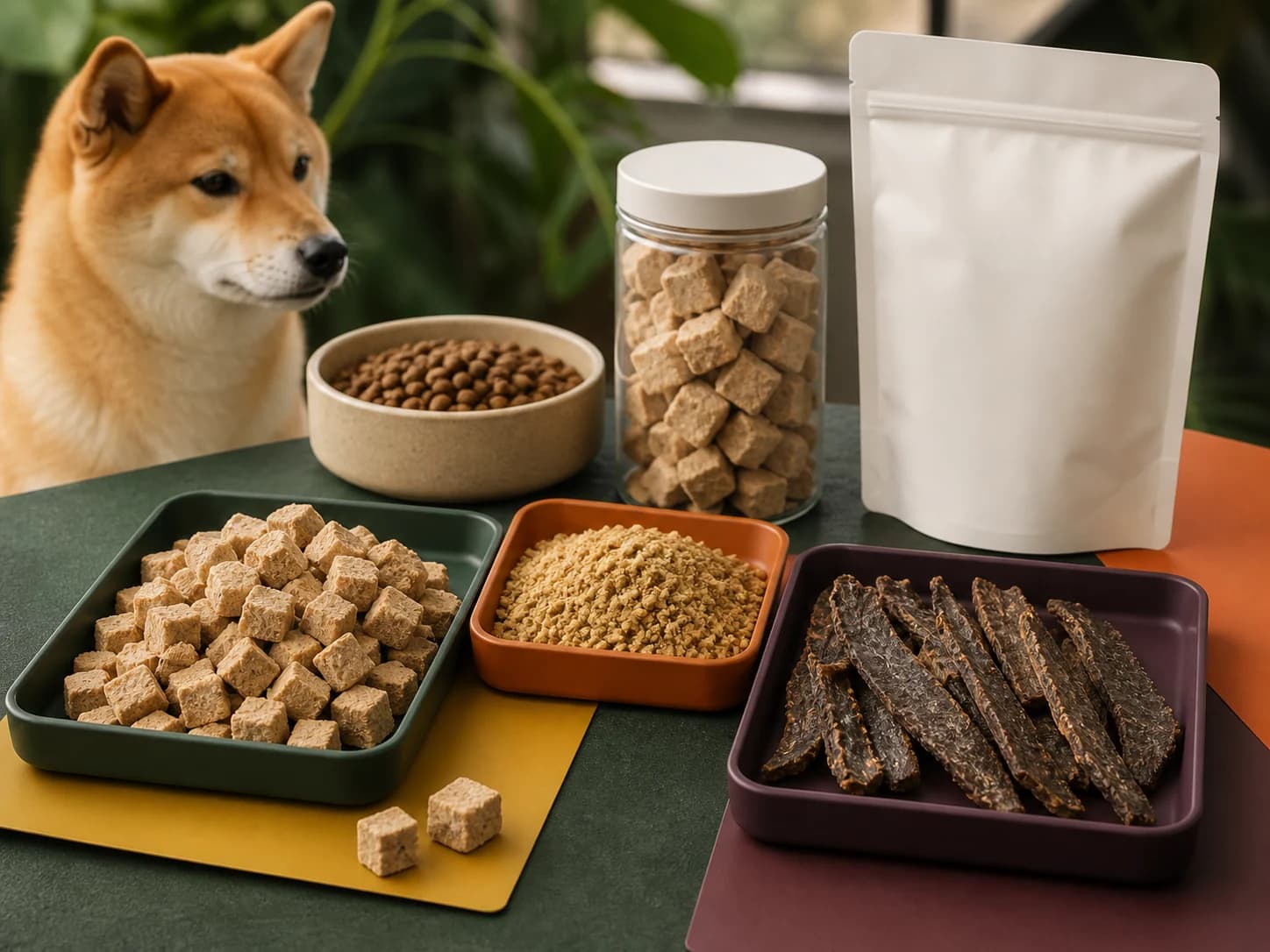 Representative freeze-dried and air-dried dog food concept with cubes, strips, toppers and blank packs