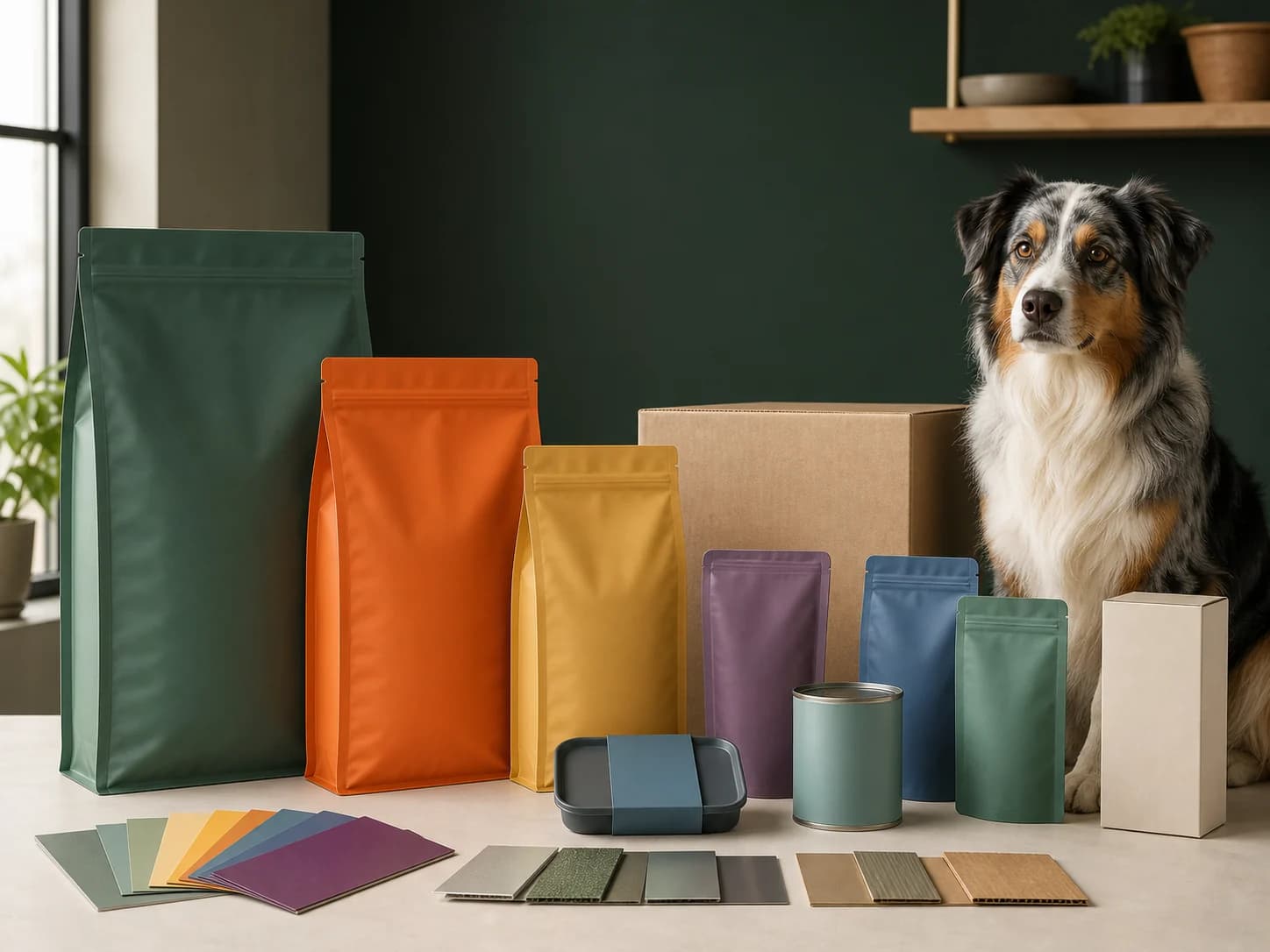 Representative private-label dog food packaging system with bags, pouches, can, tray, carton and material swatches