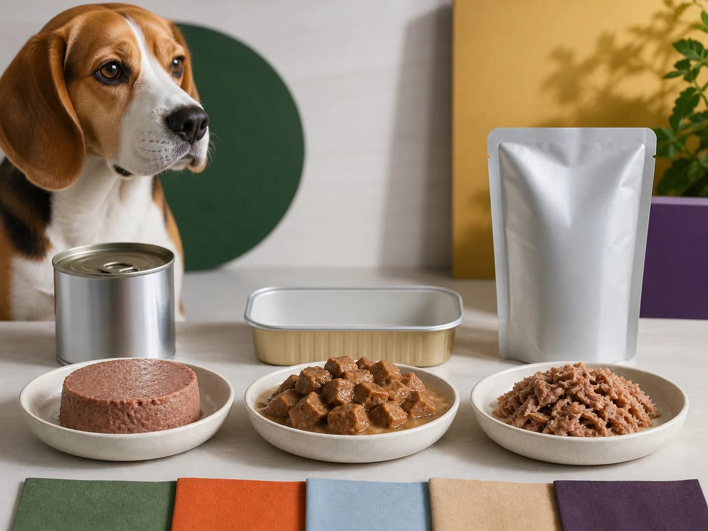 Representative wet dog food concept comparing pate, chunks and shredded textures with blank packs